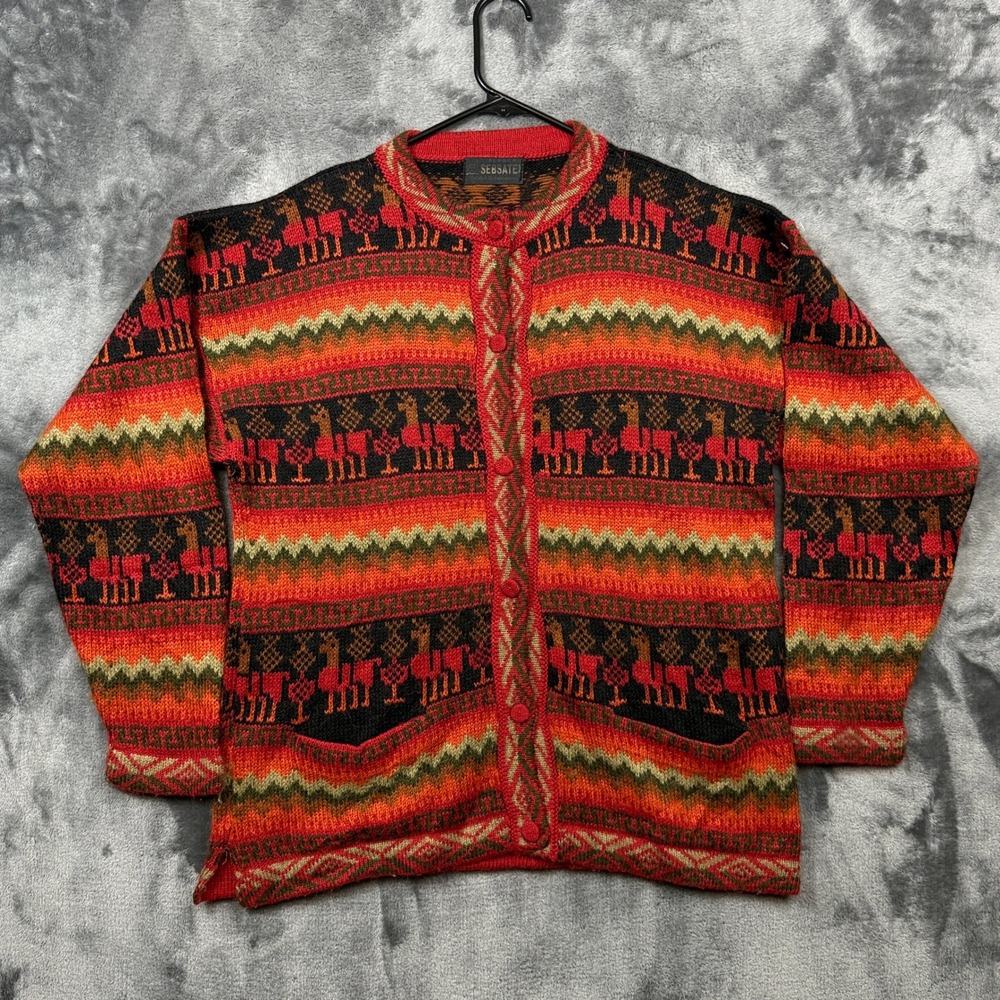 Sebsate Alpaca Cardigan Sweater Womens L Red Excellent Llama Southwestern Knit